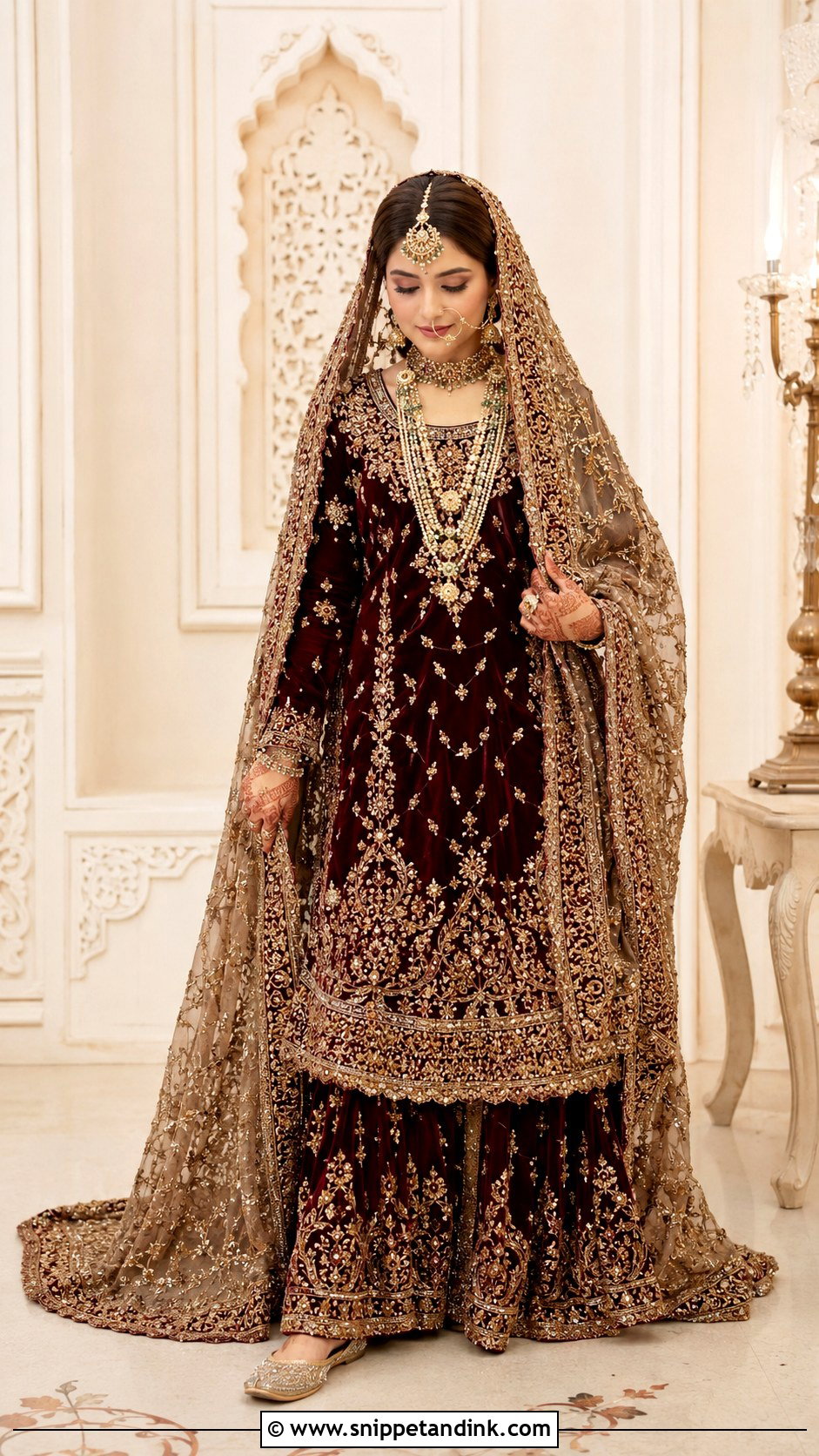 Maroon Velvet Gharara Bridal Dress - Snippet and Ink - 30 Indian Muslim Bridal Dress Ideas