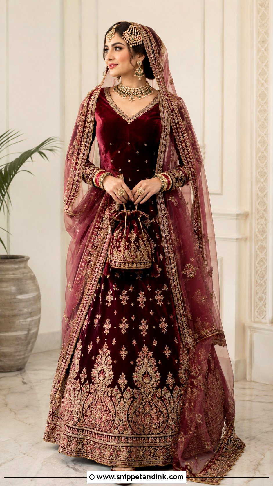 Maroon Velvet Kashmiri Bridal Lehenga - Snippet and Ink - 20 Kashmiri Pandit Bride Ideas