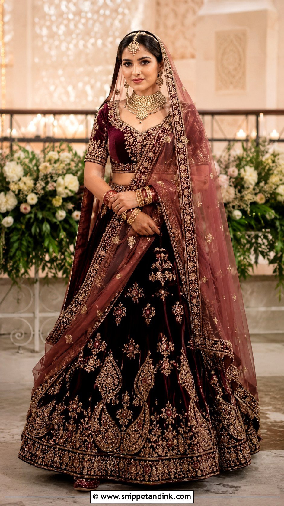 Maroon Velvet Lehenga For Mata Pujan Bride - Snippet and Ink - 25 Mata Pujan Dress for Bride Ideas