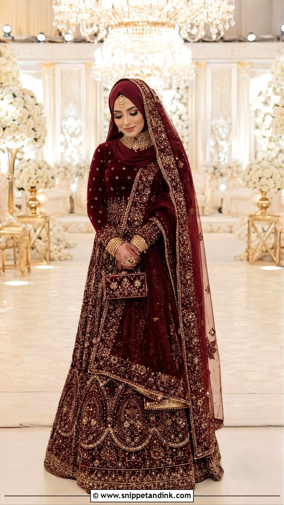 Maroon Velvet Lehenga Hijab Dulhan Look - Snippet and Ink - 20 Hijab Dulhan Ideas