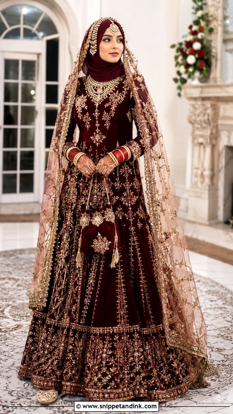 Maroon Velvet Lehenga Hijabi Bride - Snippet and Ink - 20 Desi Hijabi Bride Ideas