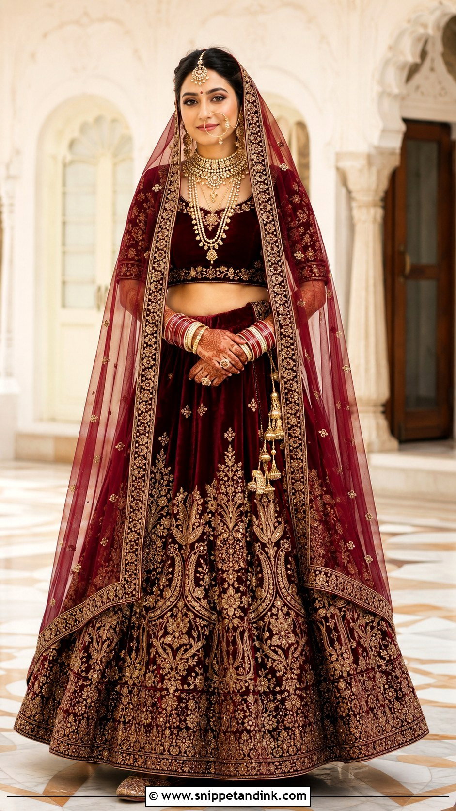 Maroon Velvet Lehenga Wedding Dress - Snippet and Ink - 20 Best Indian Wedding Dresses