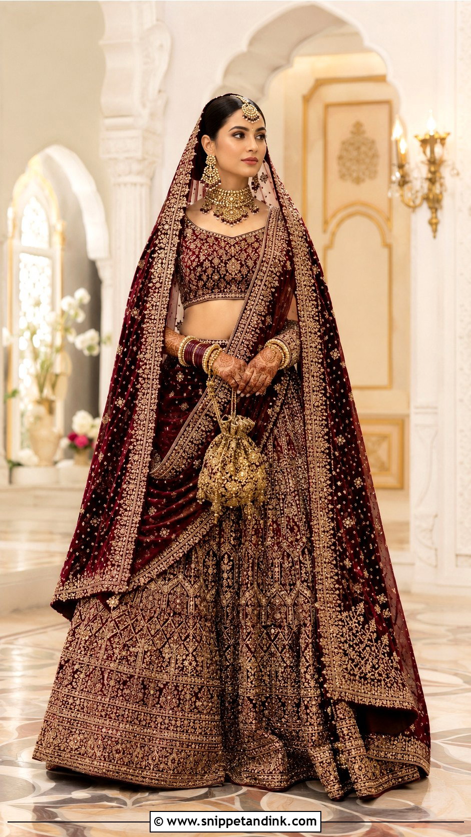 Maroon Velvet Lehenga With Antique Gold Bangles - Snippet and Ink - 20 Bridal Bengal Set Ideas