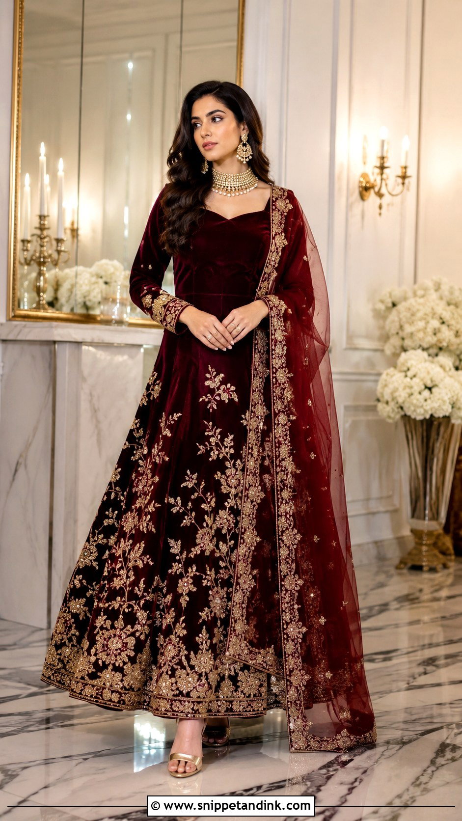 Maroon Velvet Lehenga With Dupatta - Snippet and Ink - 30 Pakistani Wedding Dresses