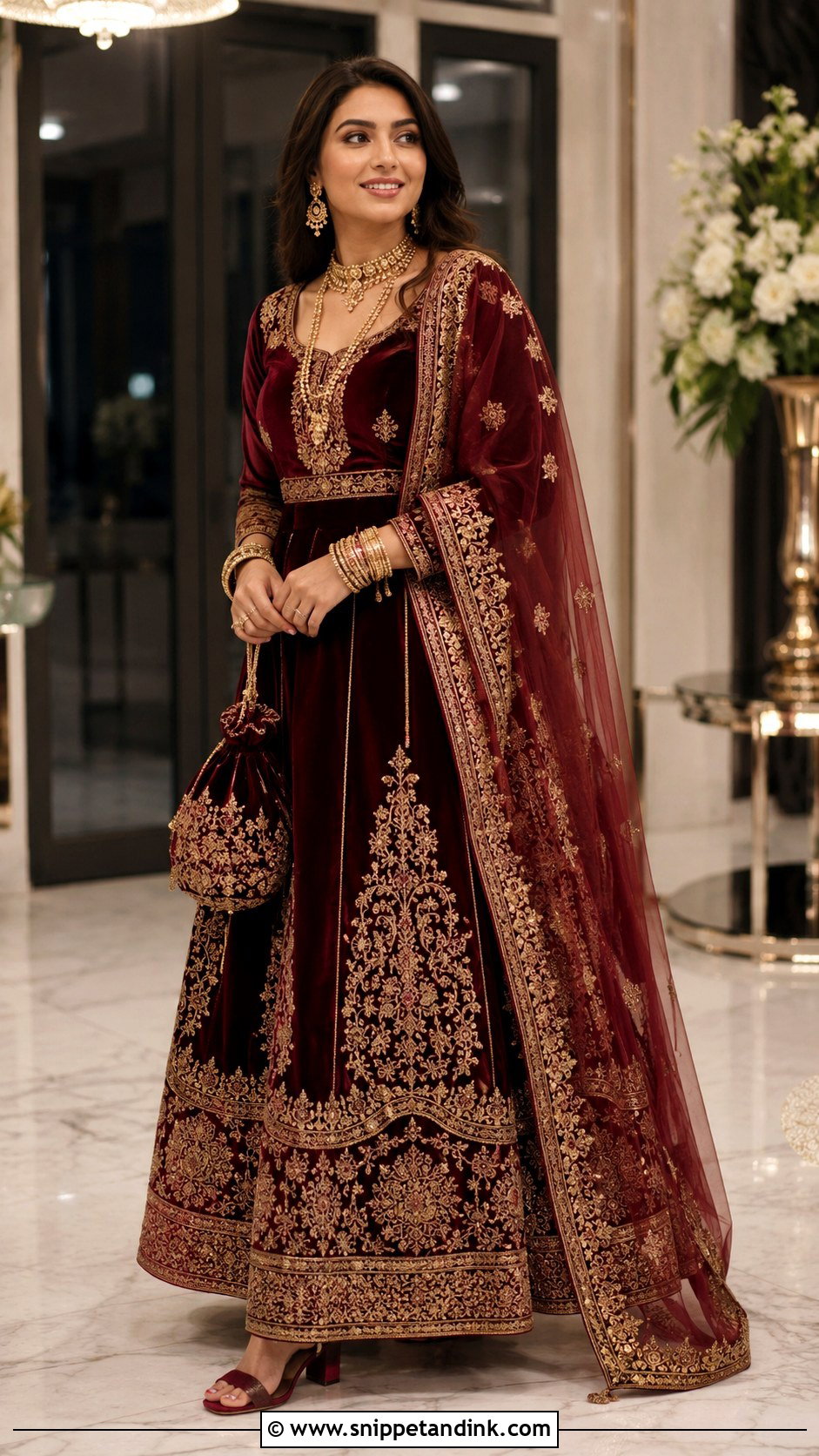 Maroon Velvet Lehenga With Embroidered Dupatta - Snippet and Ink - 20 Heavy Dress for Wedding Ideas