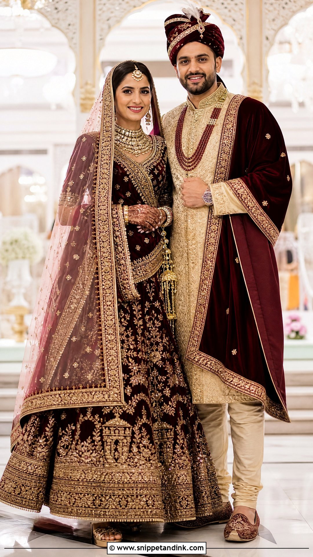Maroon Velvet Lehenga With Gold Sherwani - Snippet and Ink - 25 Indian Hindu Couple Wedding Dress Ideas