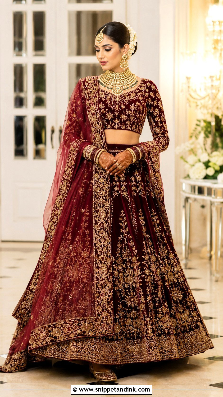 Maroon Velvet Lehenga With Layered Kundan Jewelry - Snippet and Ink - 20 South Asian Wedding Dress Ideas