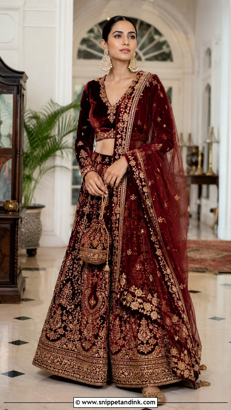 Maroon Velvet Lehenga With Long Sleeves - Snippet and Ink - 20 Indian Wedding Dresses with Sleeves