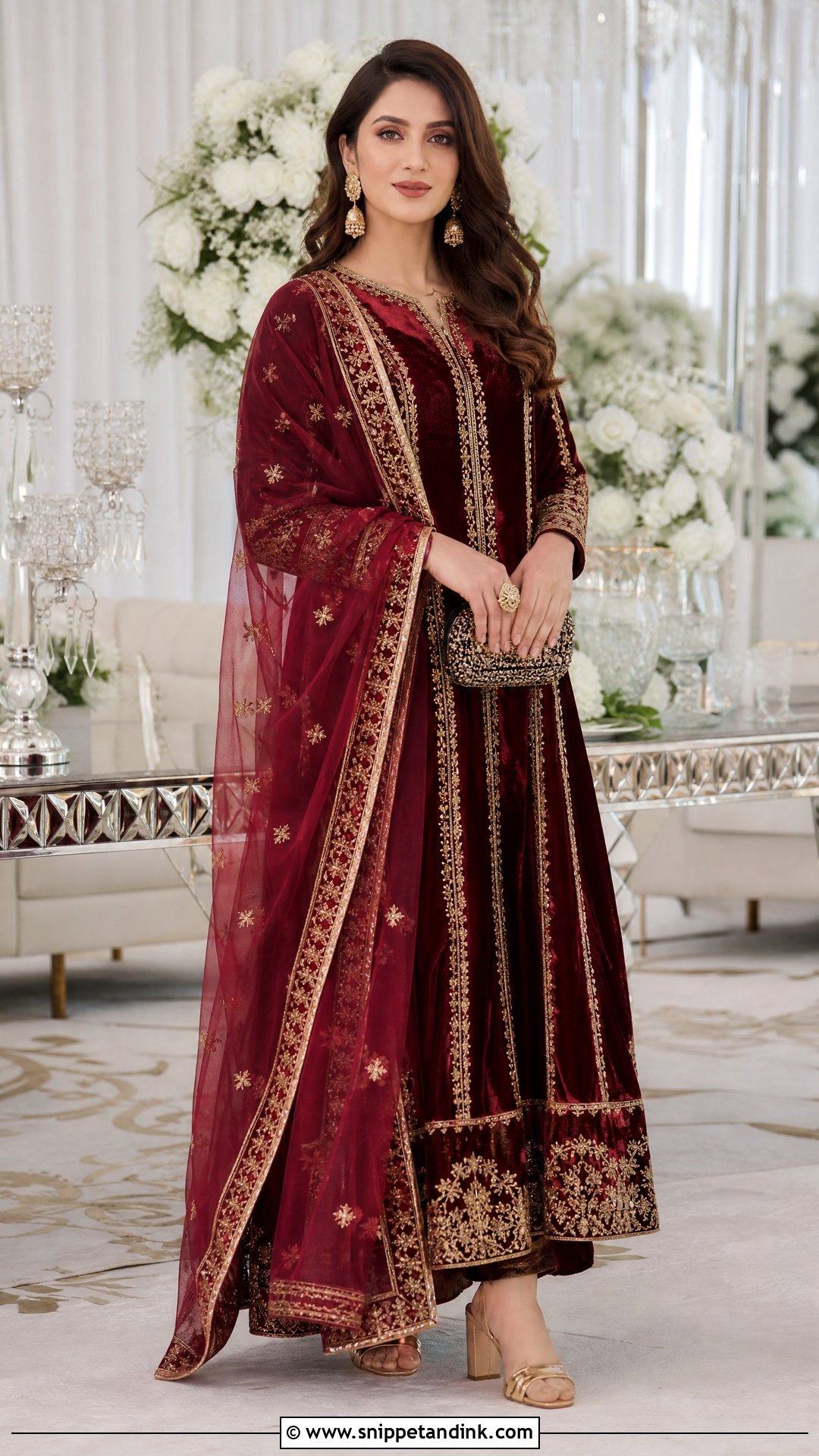 Maroon Velvet Maxi Dress For Winter Function - Snippet and Ink - 20 Pakistani Function Dresses
