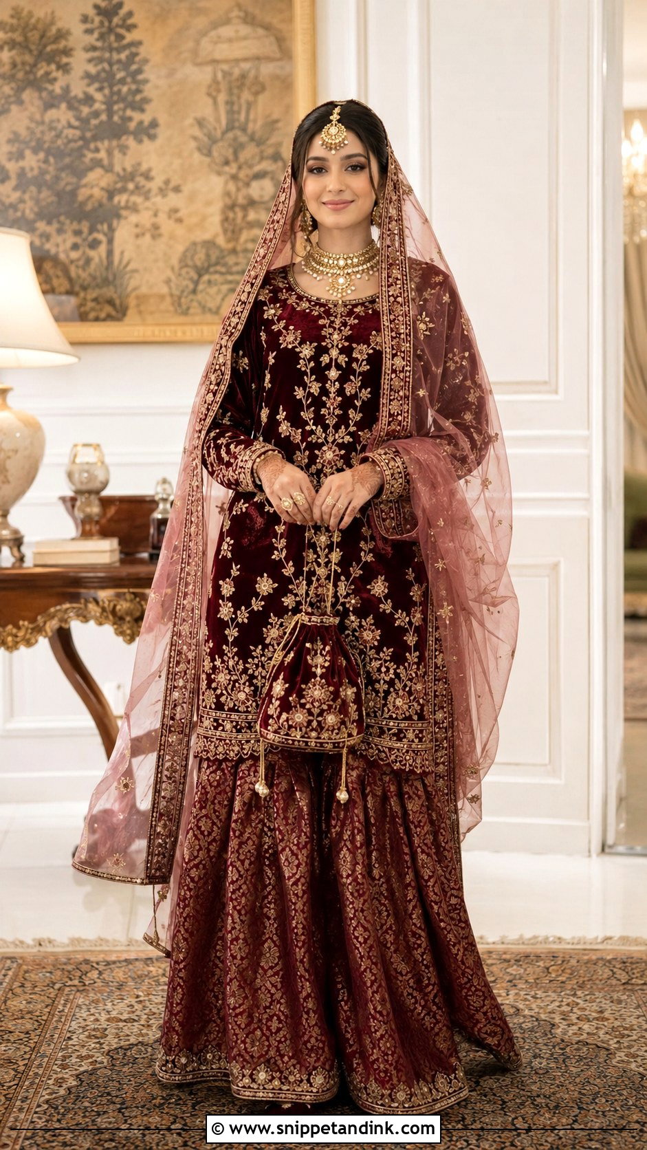 Maroon Velvet Nikah Garara Outfit - Snippet and Ink - 20 Nikah Garara Ideas