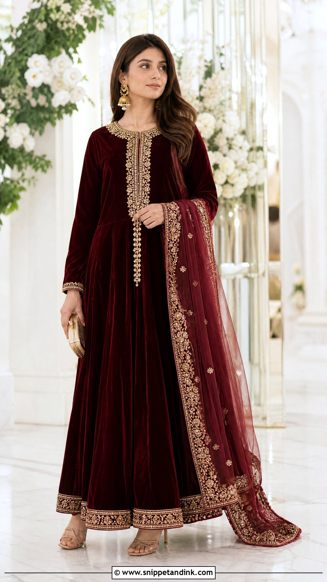 Maroon Velvet Pakistani Maxi With Organza Dupatta - Snippet and Ink - 20 Pakistani Maxi Designs for Wedding