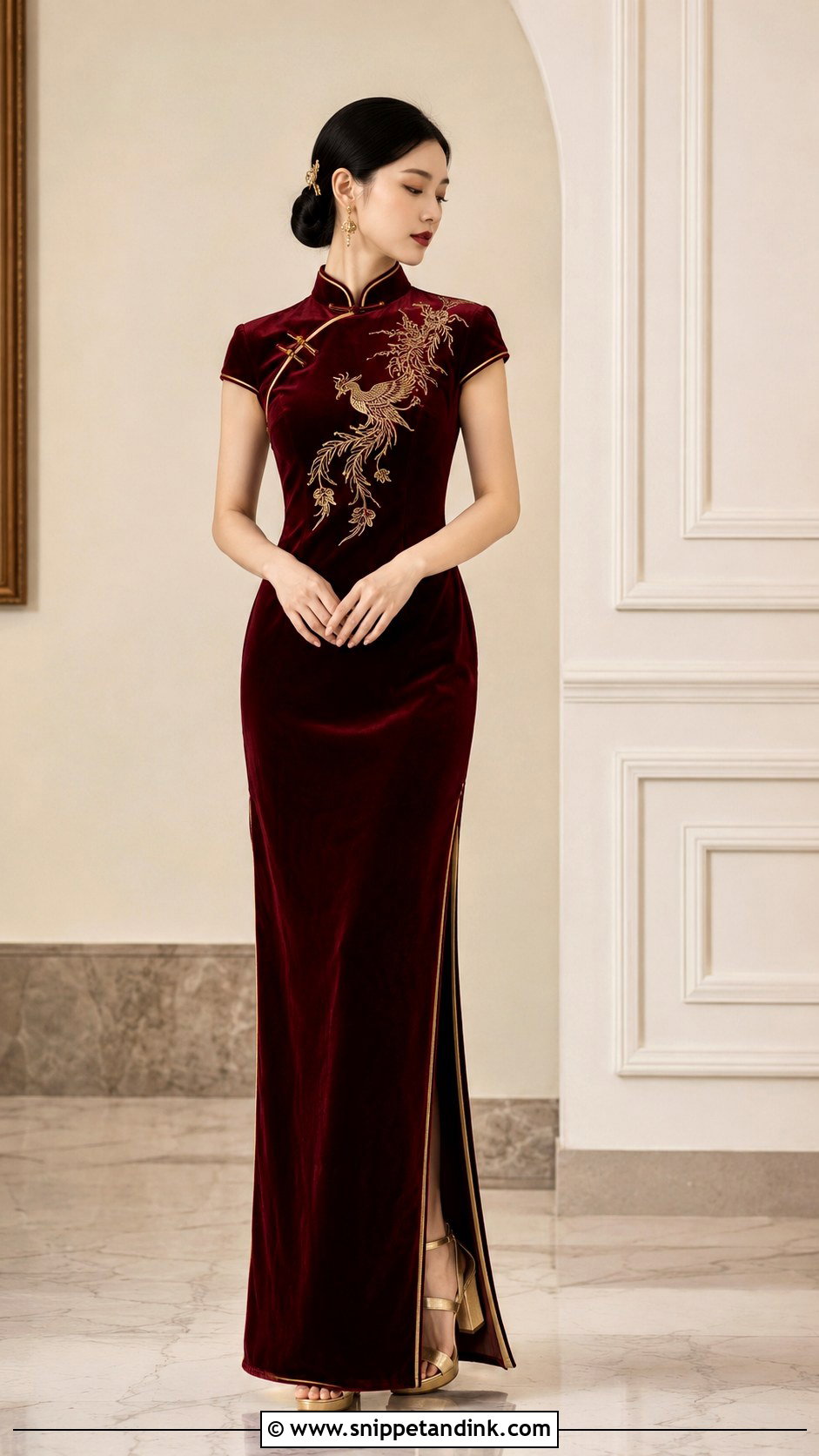 Maroon Velvet Qipao Bridal Dress - Snippet and Ink - 20 Chinese Bridal Dress Ideas