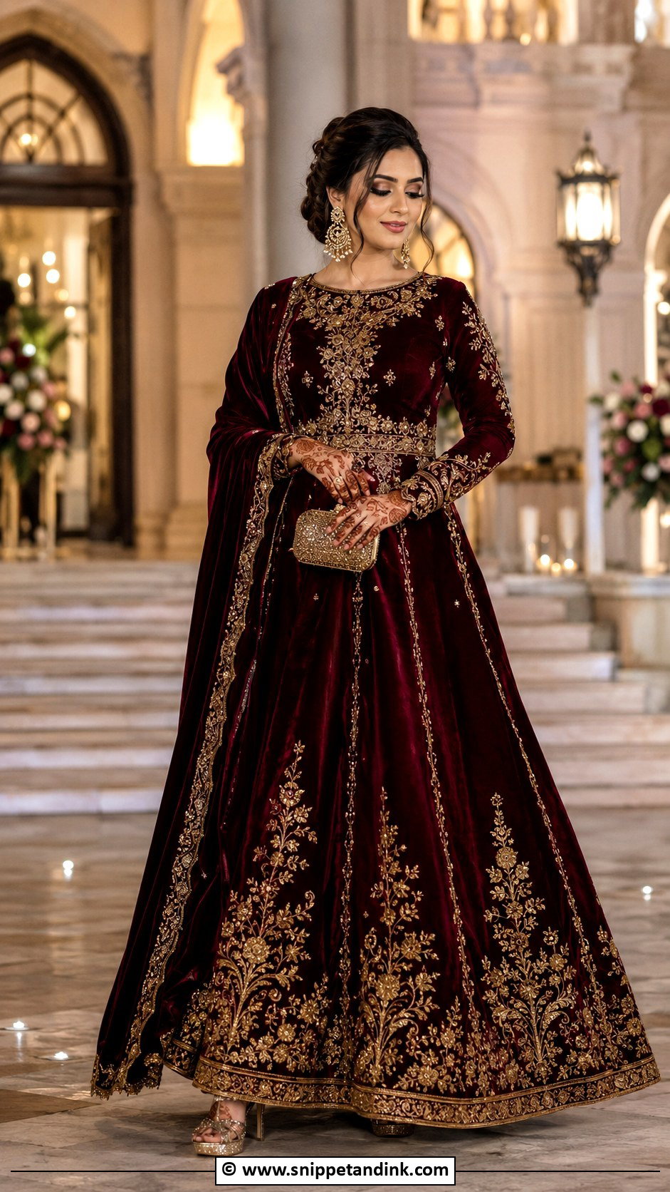 Maroon Velvet Reception Gown - Snippet and Ink - 25 Indian Receptions Bridal Gowns