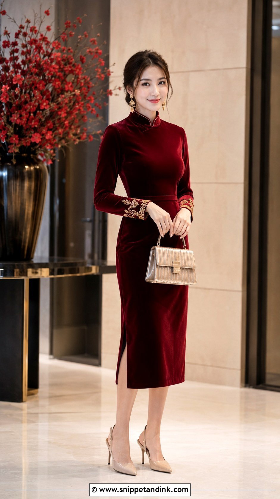 Maroon Velvet Sangjit Dress - Snippet and Ink - 20 Modern Sangjit Dress Ideas