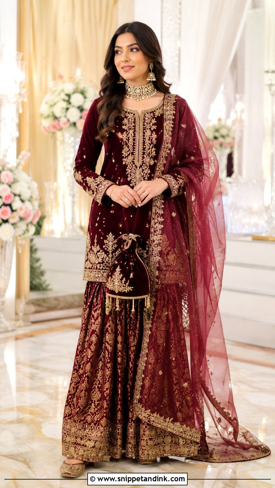 Maroon Velvet Sharara With Antique Gold Work - Snippet and Ink - 20 Pakistani Sharara Designs for Wedding