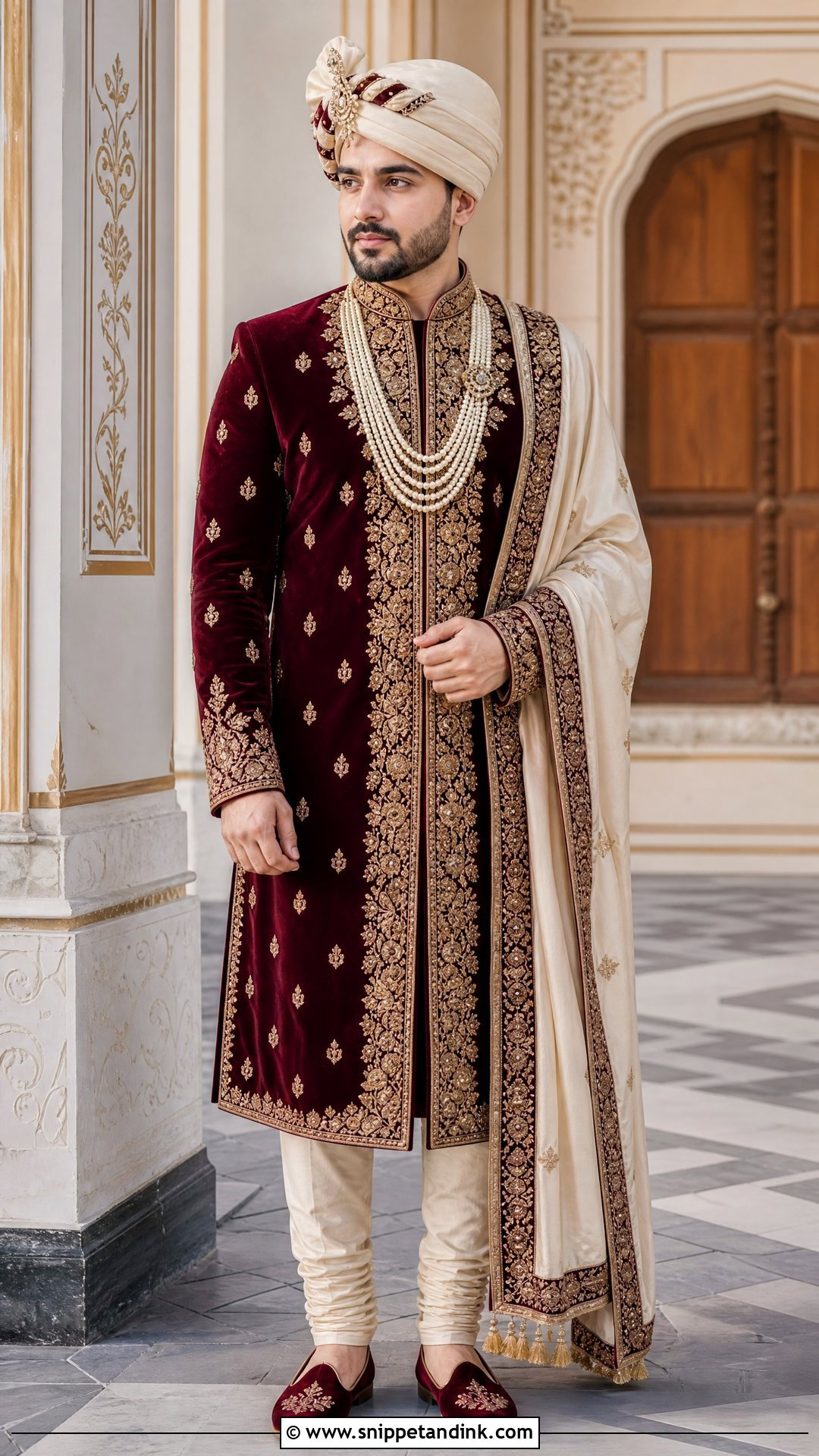 Maroon Velvet Sherwani With Cream Churidar - Snippet and Ink - 20 Sherwani Wedding Ideas