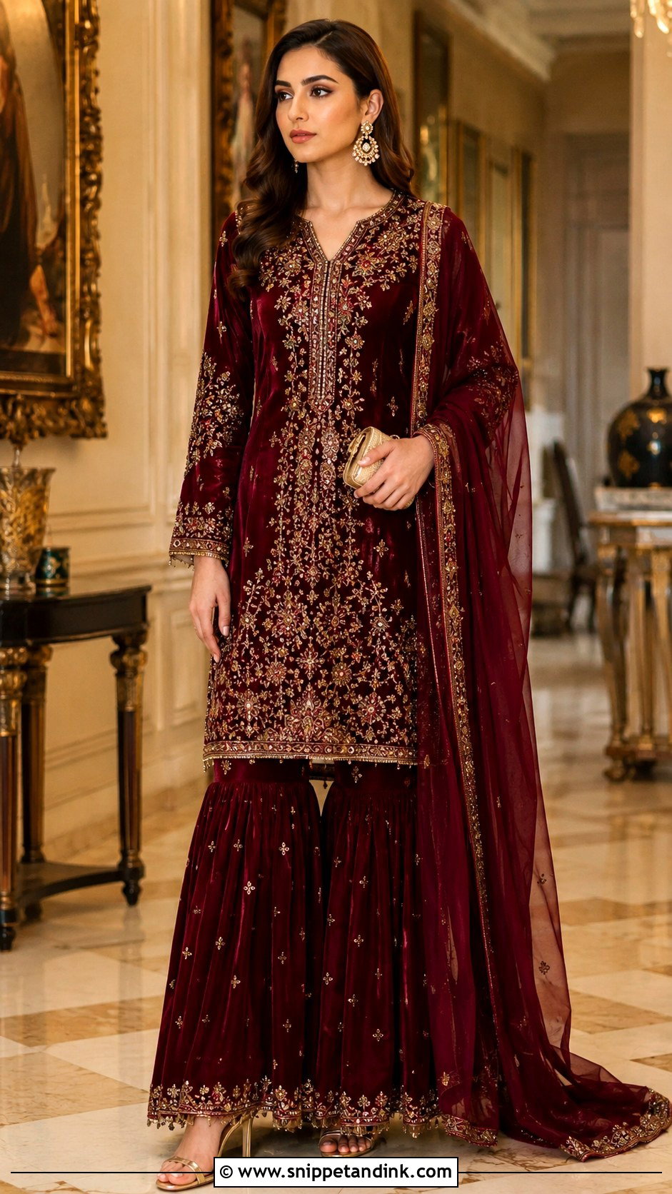 Maroon Velvet Shirt With Gharara Outfit - Snippet and Ink - 30 Pakistani Wedding Outfits Sisters