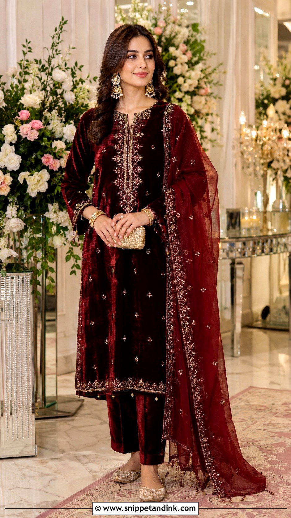 Maroon Velvet Suit Look - Snippet and Ink - 25 Indian After Marriage Look Ideas