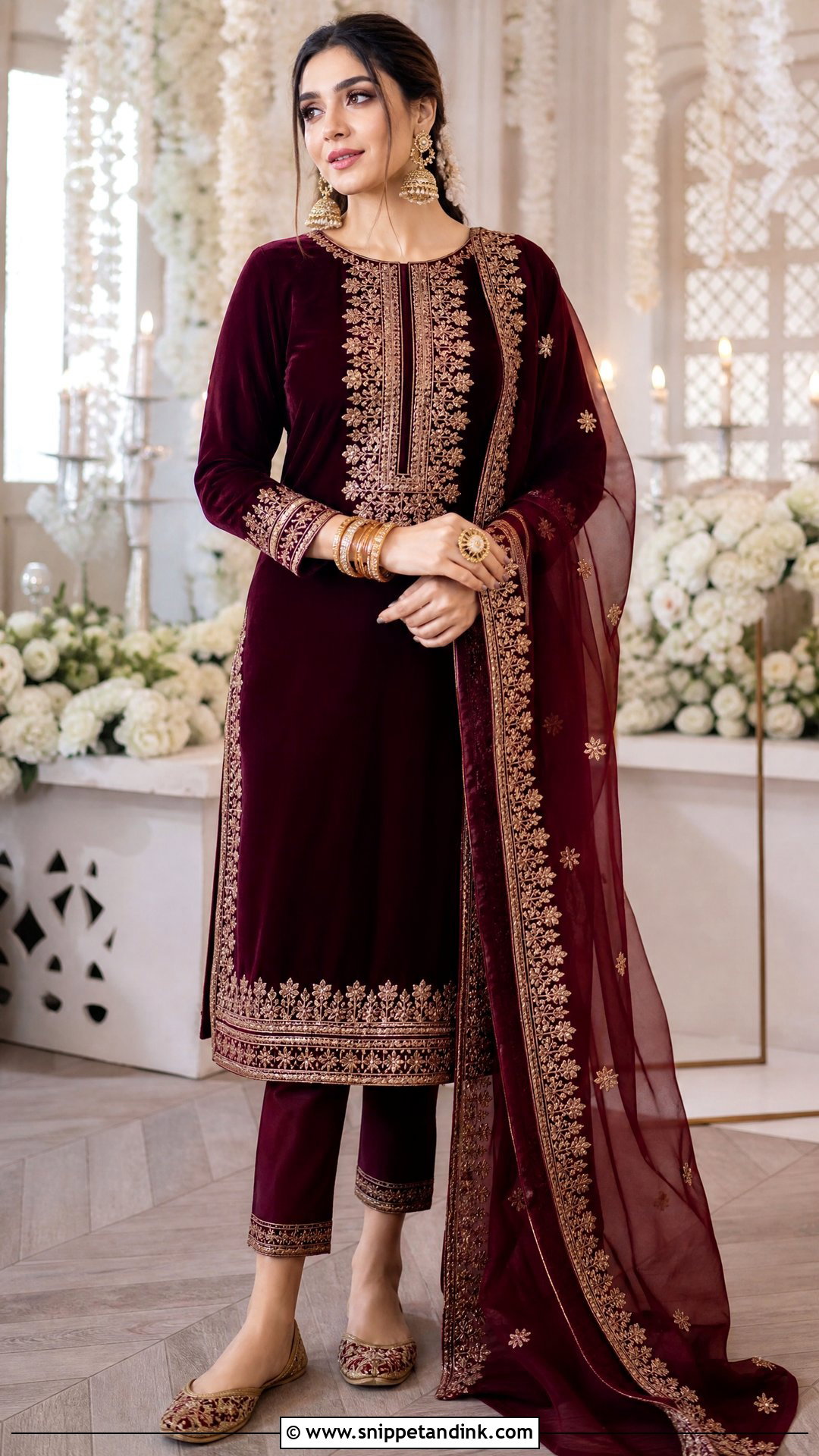 Maroon Velvet Suit Mata Poojan Look - Snippet and Ink - 20 Mata Poojan Look for Bride Ideas