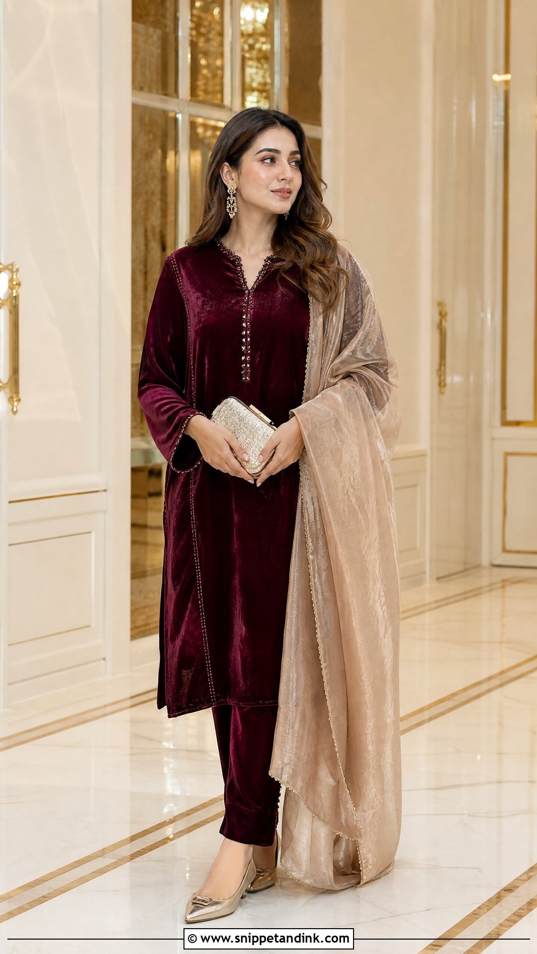 Maroon Velvet Suit With Tissue Dupatta - Snippet and Ink - 20 Suit with Dupatta Ideas