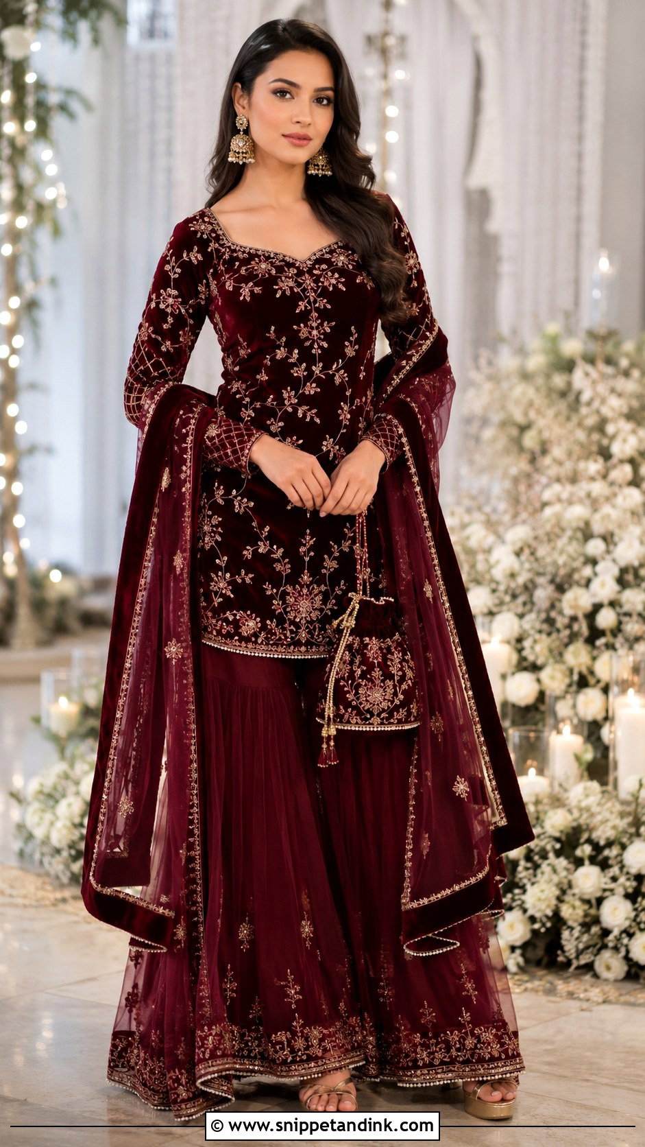 Maroon Velvet Top Net Sharara - Snippet and Ink - 20 Net Sharara Ideas