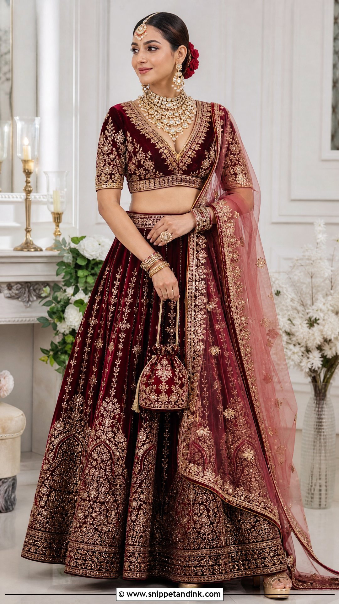 Maroon Velvet V Neck Bridal Blouse With Lehenga - Snippet and Ink - 20 V Neck Bridal Blouse Ideas