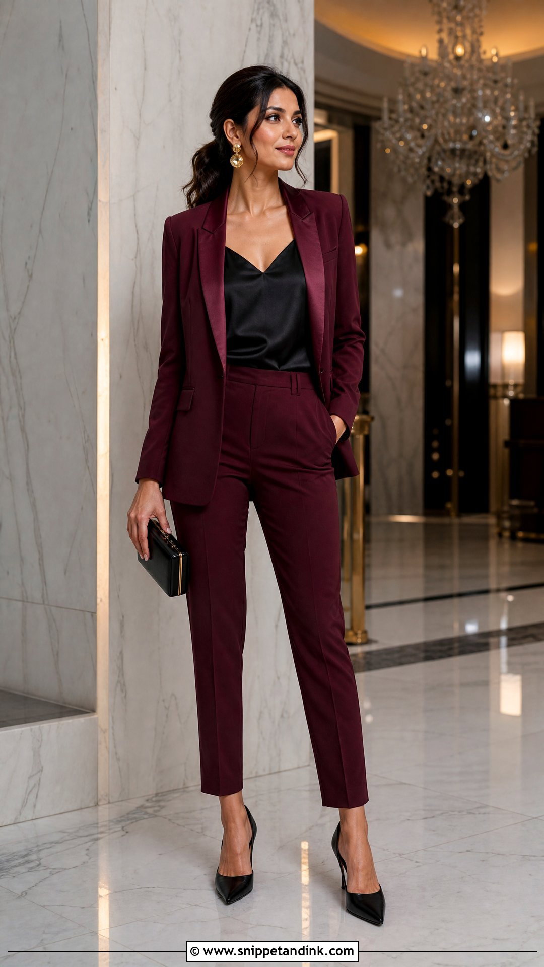 Maroon Wedding Suit With Black Satin Camisole And Heels - Snippet and Ink - 20 Maroon Wedding Suit Ideas