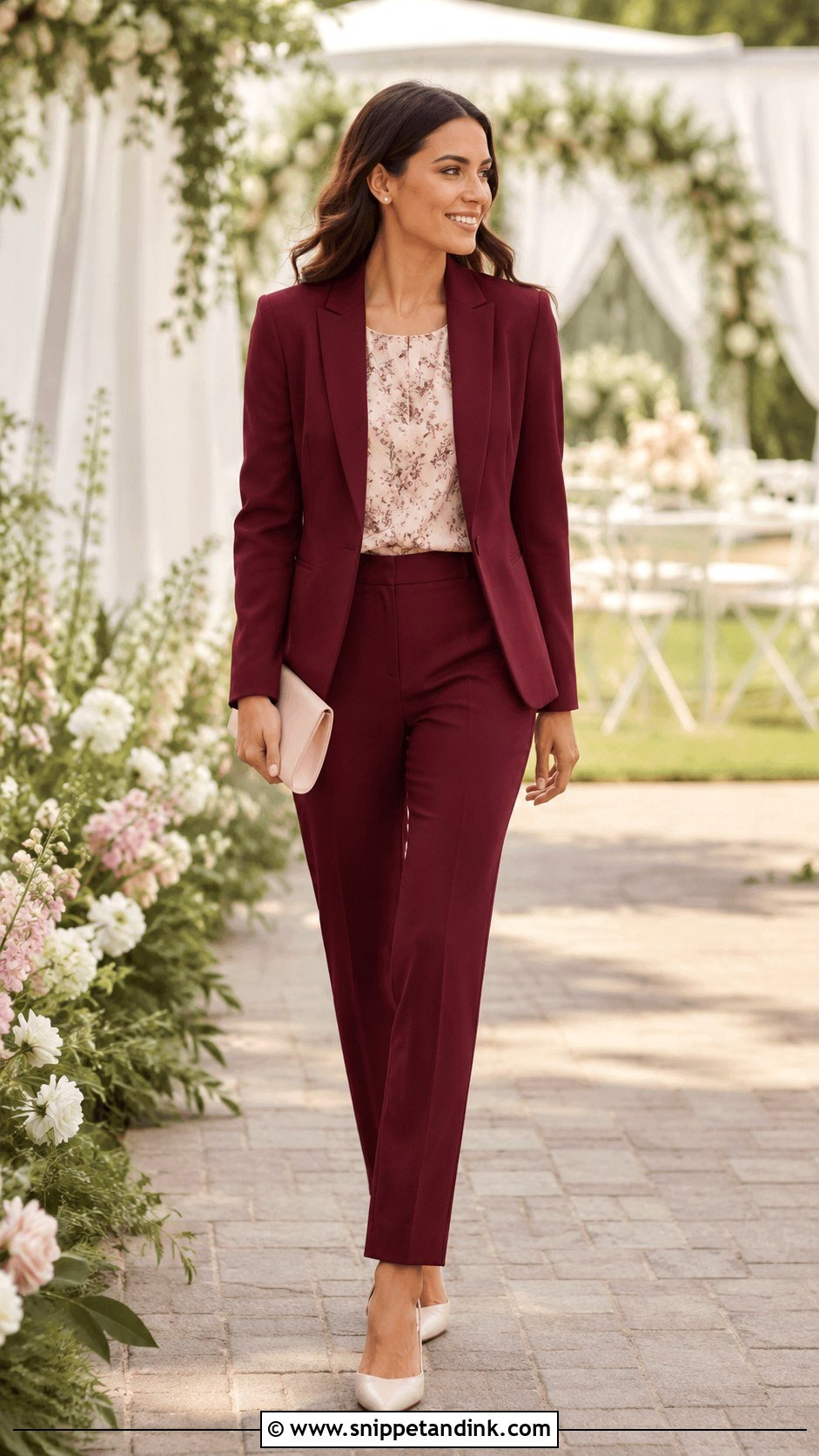 Maroon Wedding Suit With Floral Blouse And Slingbacks - Snippet and Ink - 20 Maroon Wedding Suit Ideas
