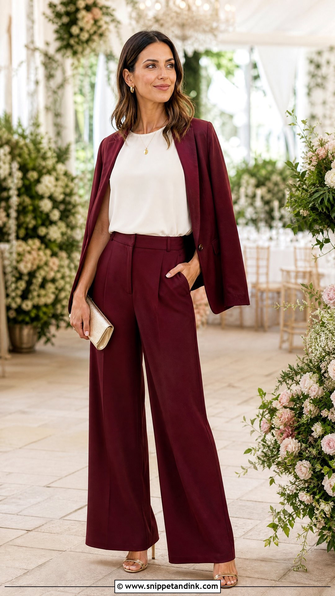 Maroon Wedding Suit With Ivory Shell And Gold Sandals - Snippet and Ink - 20 Maroon Wedding Suit Ideas