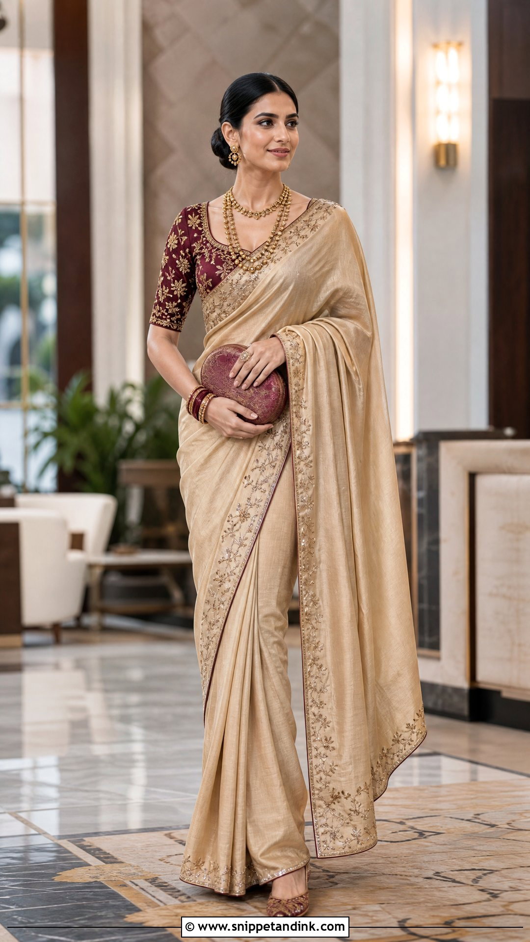 Maroon Zardosi Maggam Work Blouse With Beige Saree - Snippet and Ink - 20 Wedding Maggam Work Blouse Designs