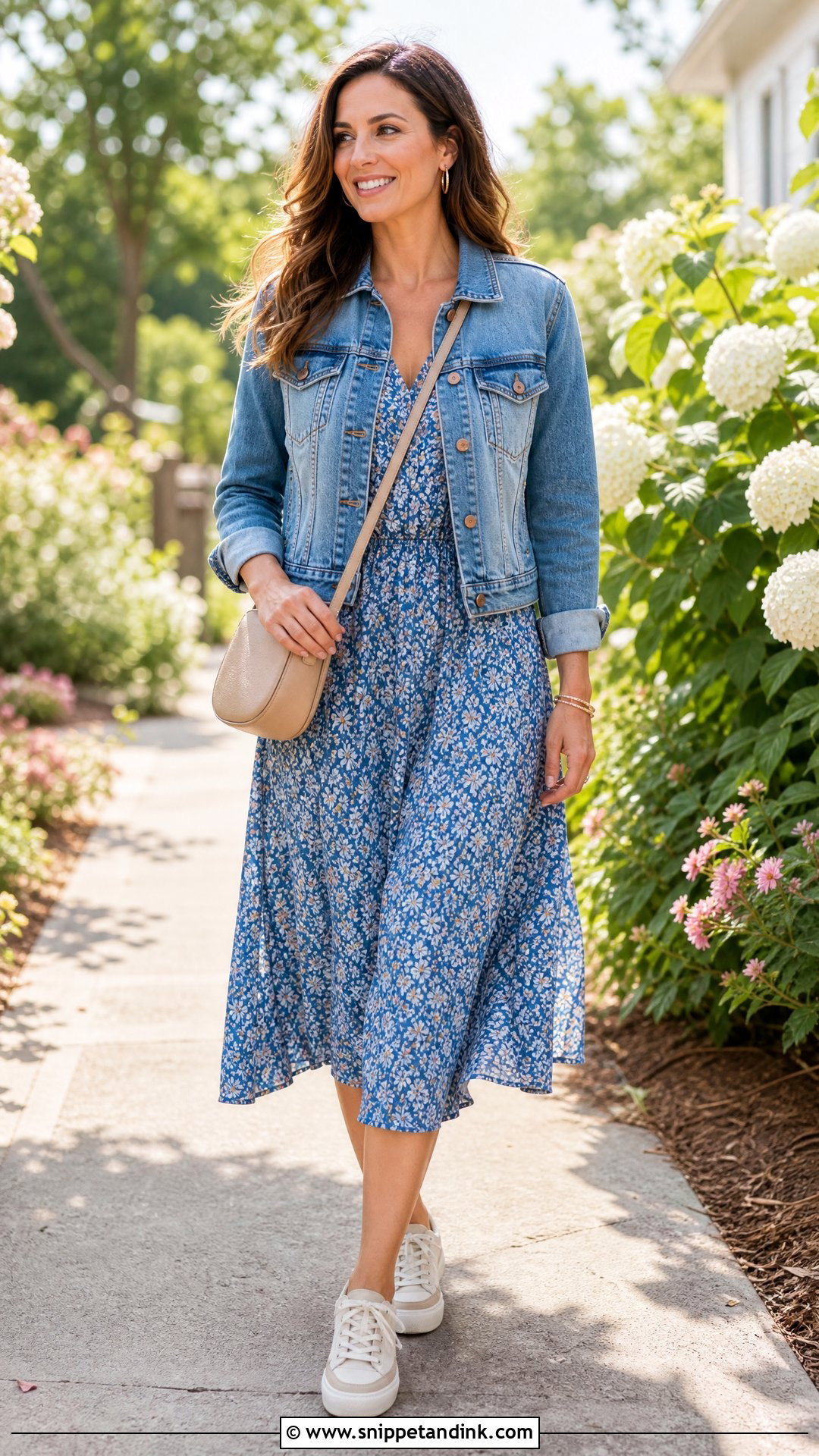 Married Woman Denim Jacket And Floral Dress Outfit - Snippet and Ink - 20 Married Clothes Ideas