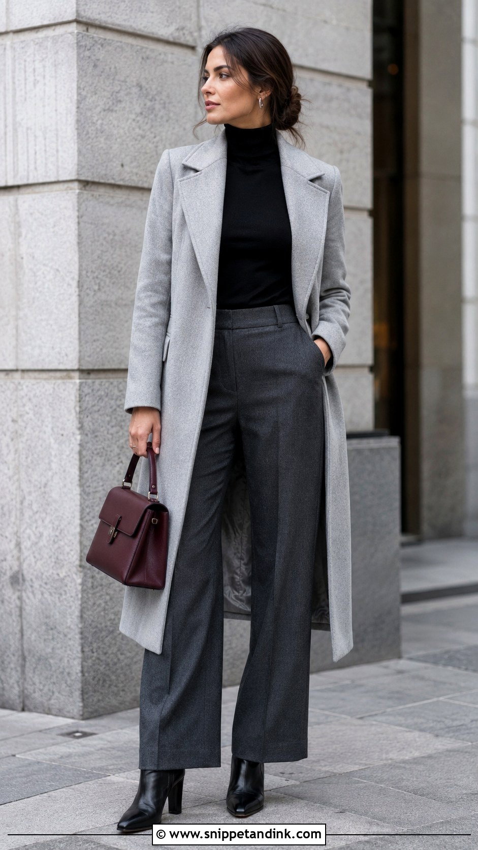 Marry My Husband Black Turtleneck And Gray Coat Outfit - Snippet and Ink - 20 Marry My Husband Outfit Ideas