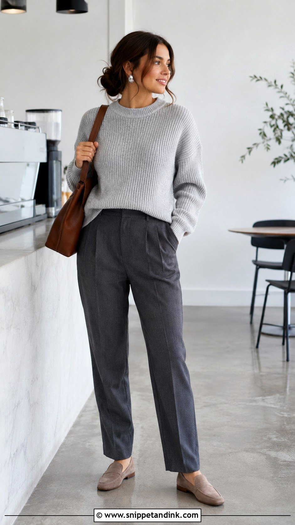 Marry My Husband Gray Sweater And Tailored Pants Outfit - Snippet and Ink - 20 Marry My Husband Outfit Ideas