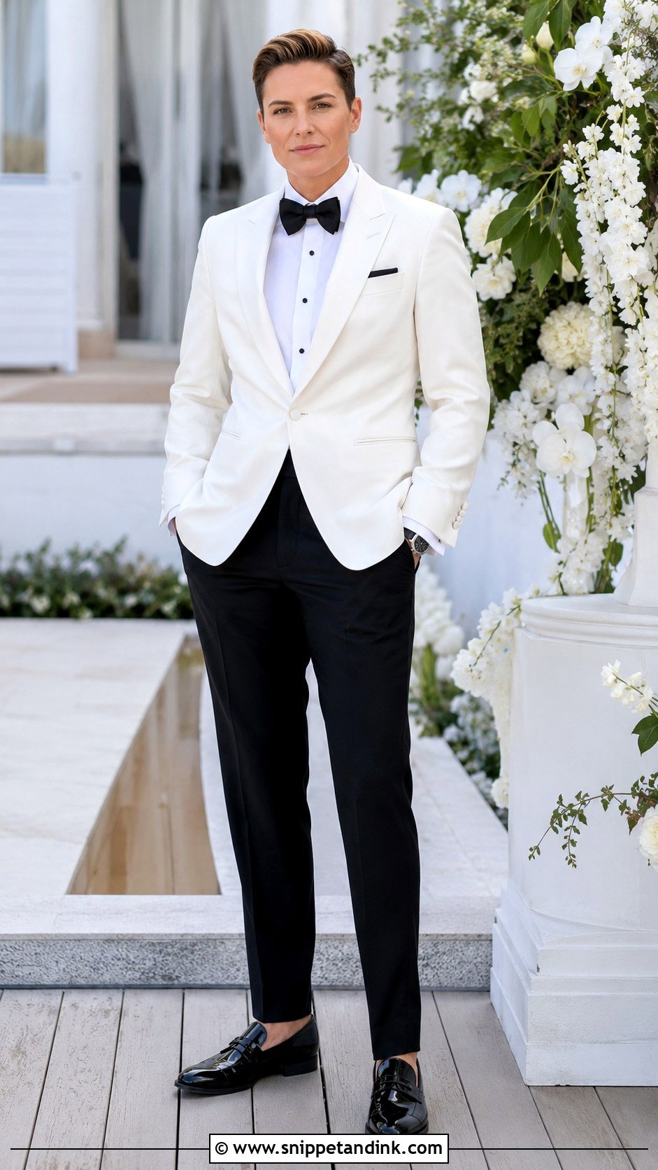 Masc Lesbian White Dinner Jacket Outfit - Snippet and Ink - 25 Masc Lesbian Wedding Outfit Ideas