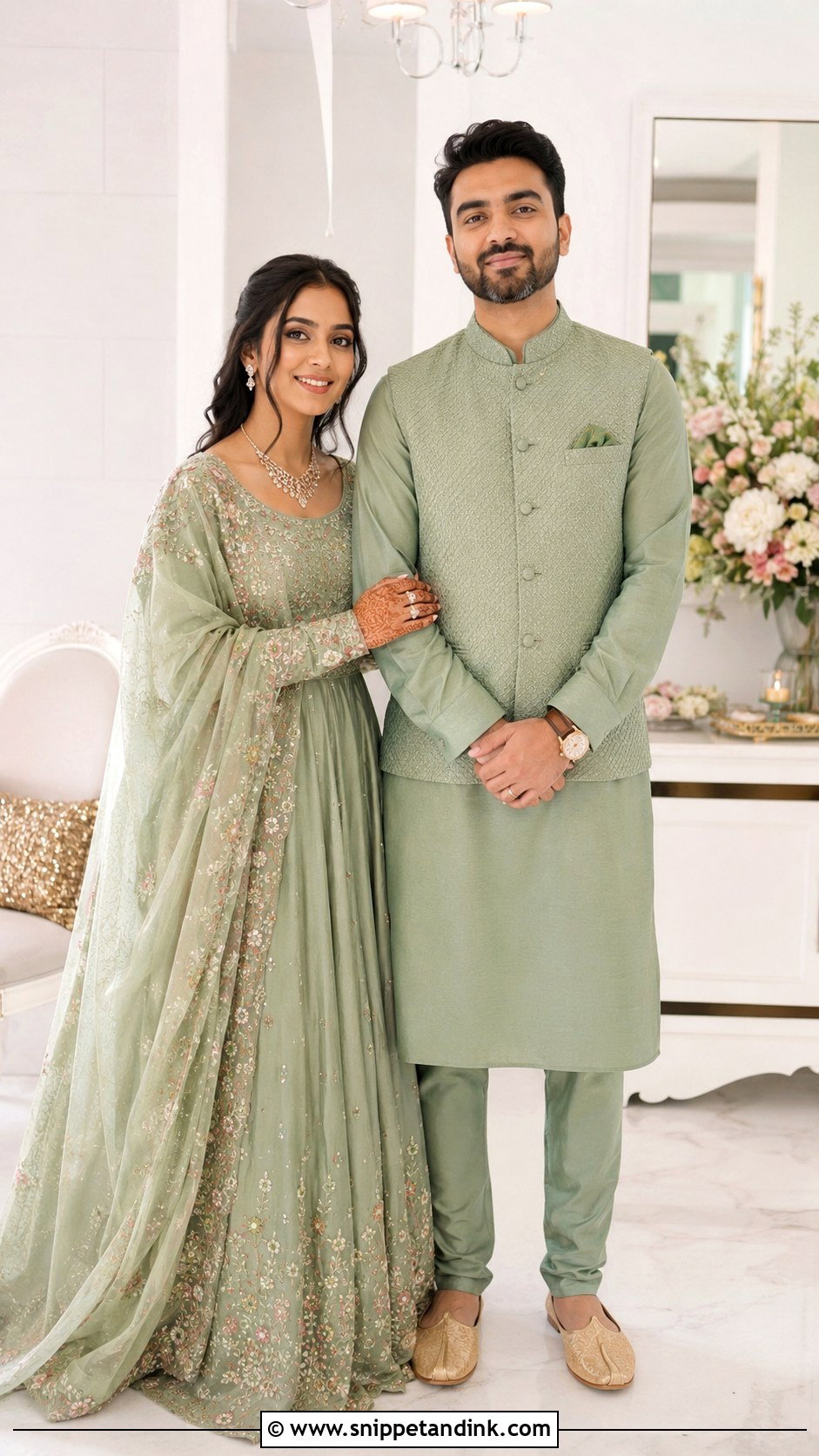 Matching Anarkali And Kurta Set - Snippet and Ink - 25 Indian Couple Ring Ceremony Dress Ideas