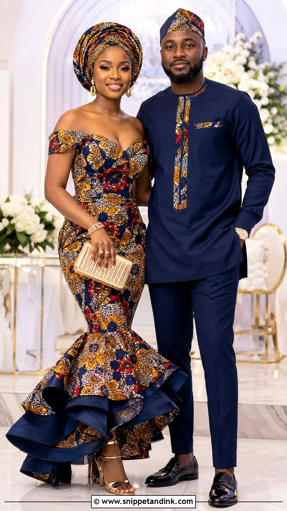 Matching Ankara Gown And Senator Outfit - Snippet and Ink - 20 African Traditional Wear for Couples Ideas