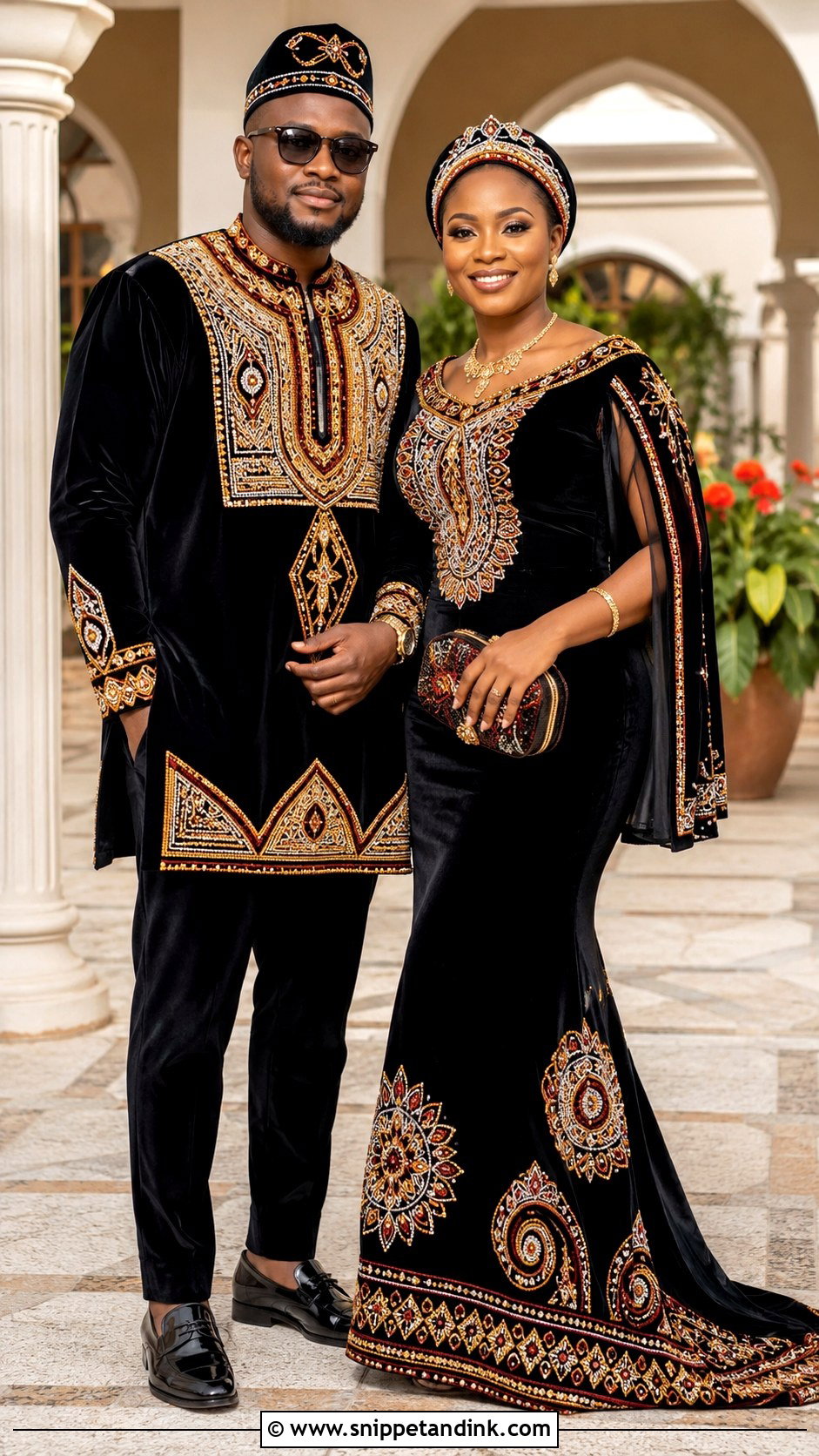 Matching Bamenda Bride And Groom Toghu Outfit - Snippet and Ink - 20 Bamenda Traditional Wedding Dress Ideas