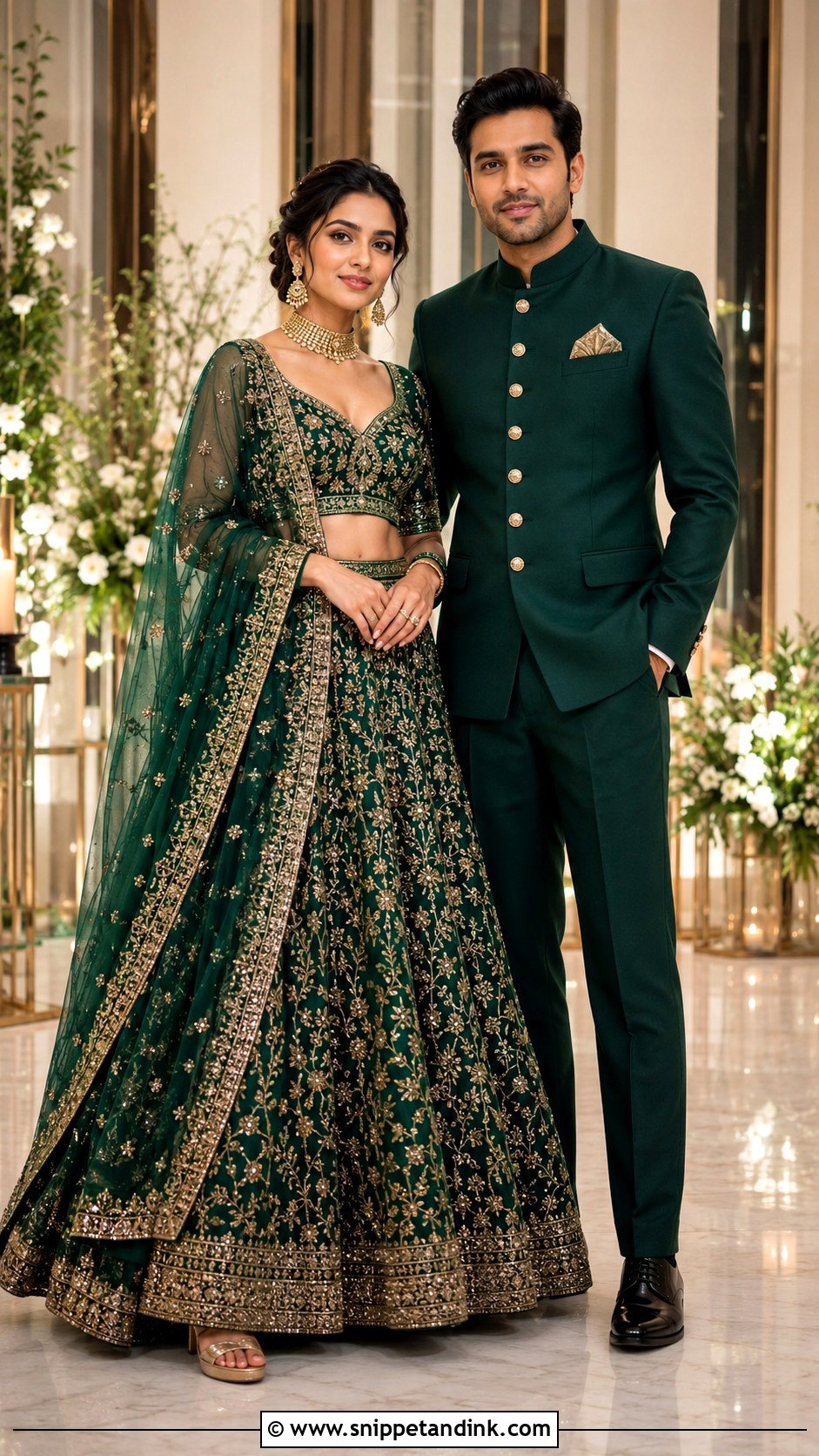 Matching Bandhgala And Lehenga Outfit - Snippet and Ink - 25 Simple Indian Couple Matching Dress Ideas