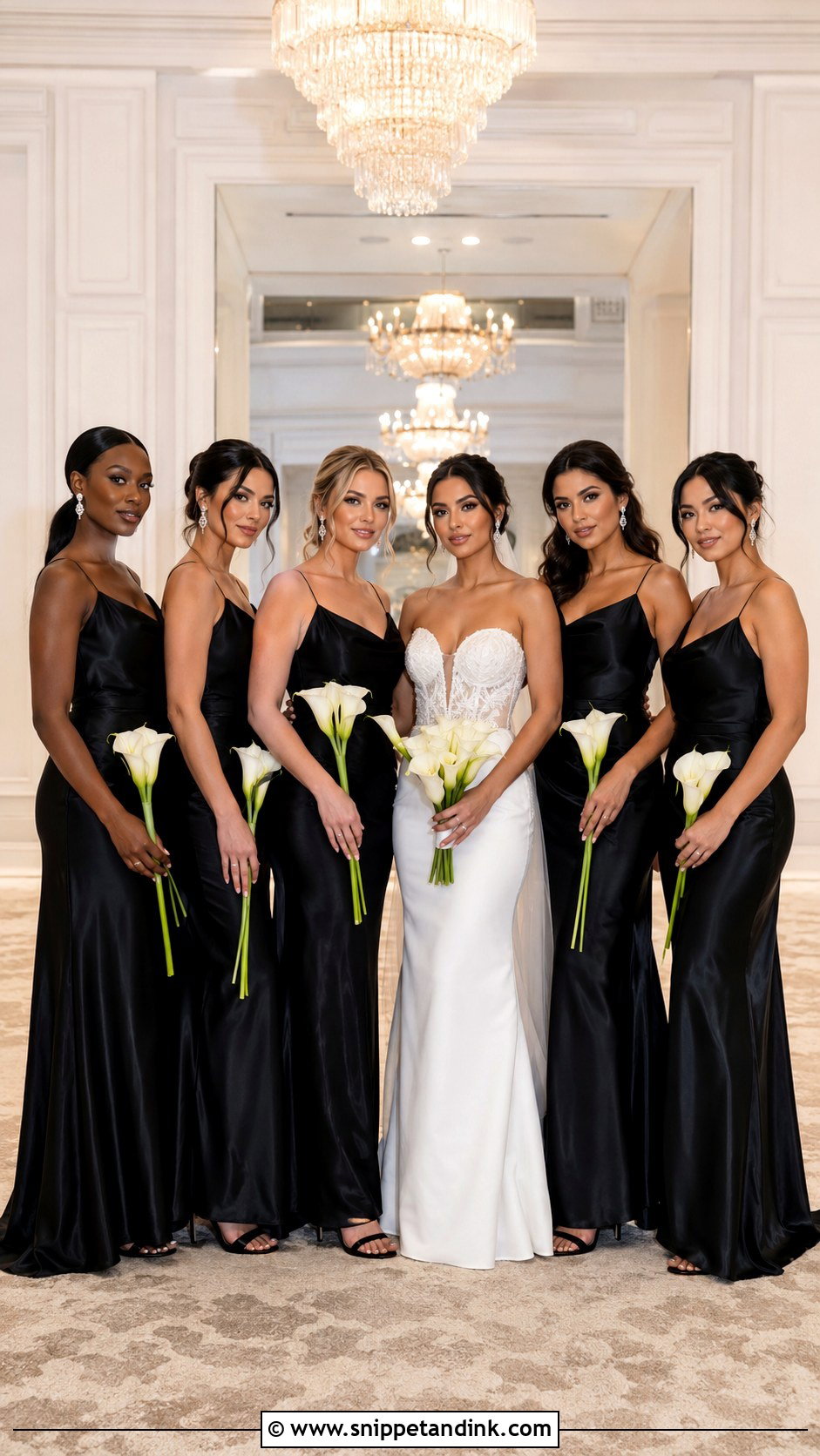 Matching Black Satin Bridesmaid Gowns - Snippet and Ink - 20 Bridal Party in Black Ideas