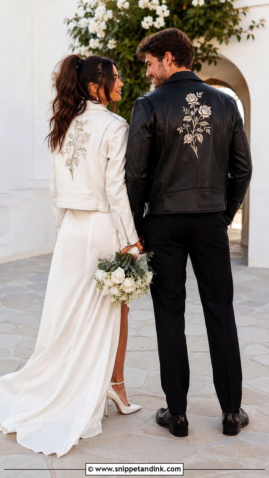 Matching Bride And Groom Leather Jackets With Bridal Gown - Snippet and Ink - 20 Bride Leather Jacket Ideas