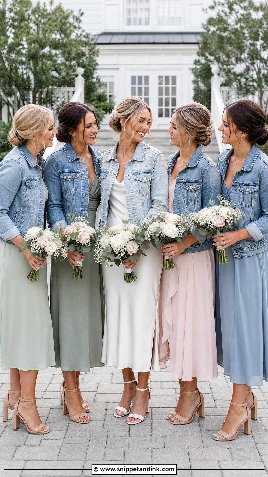 Matching Bride Denim Jacket With Bridesmaid Dresses - Snippet and Ink - 20 Bride Denim Jacket Ideas