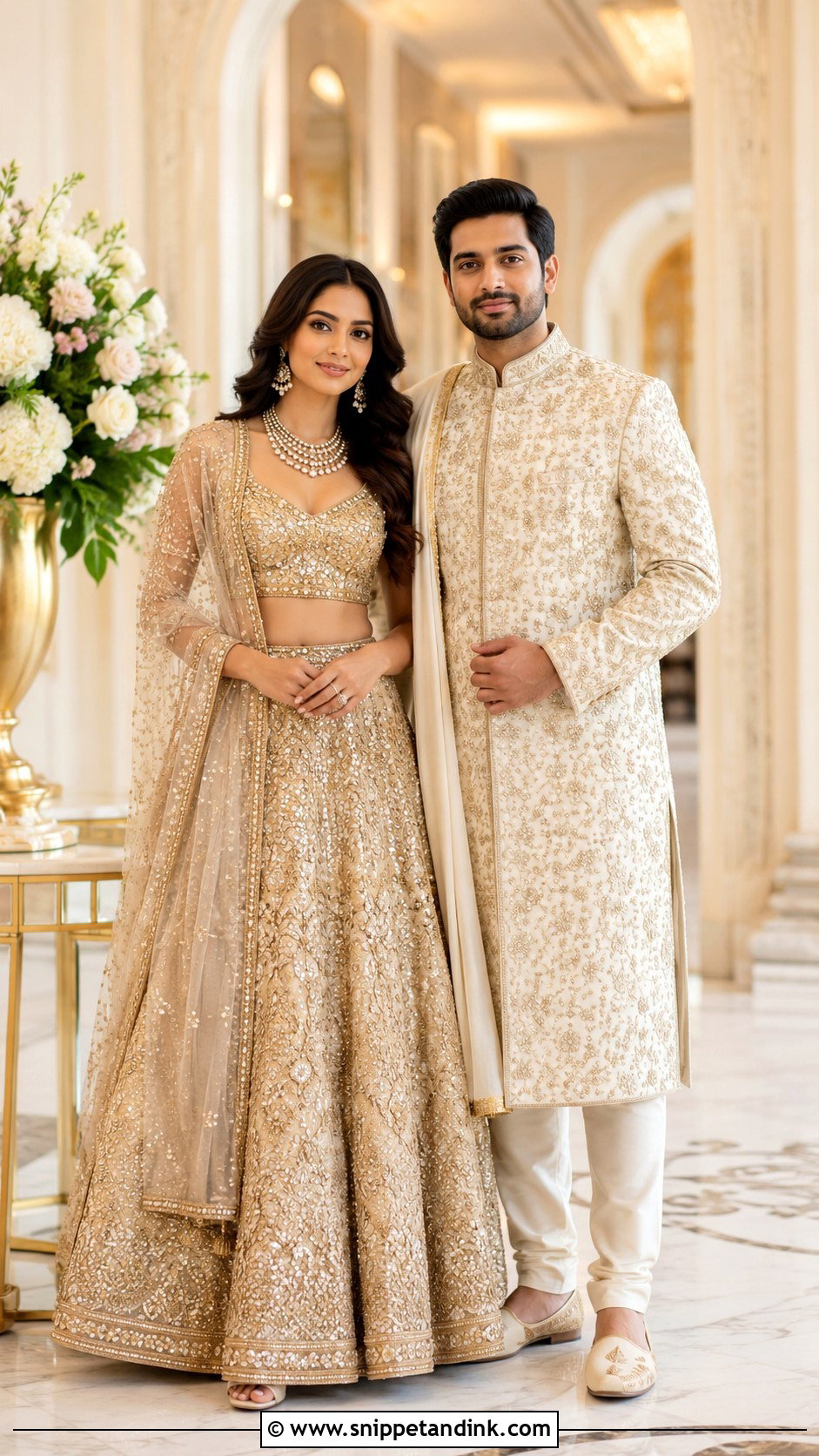 Matching Gold Indian Couple Outfit - Snippet and Ink - 25 Simple Indian Couple Matching Dress Ideas