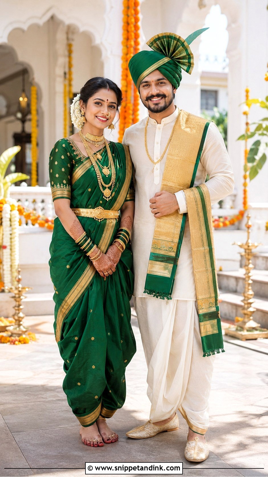 Matching Green Nauvari And Green Pheta Couple Look - Snippet and Ink - 25 Peshwai Look for Wedding Couple Ideas