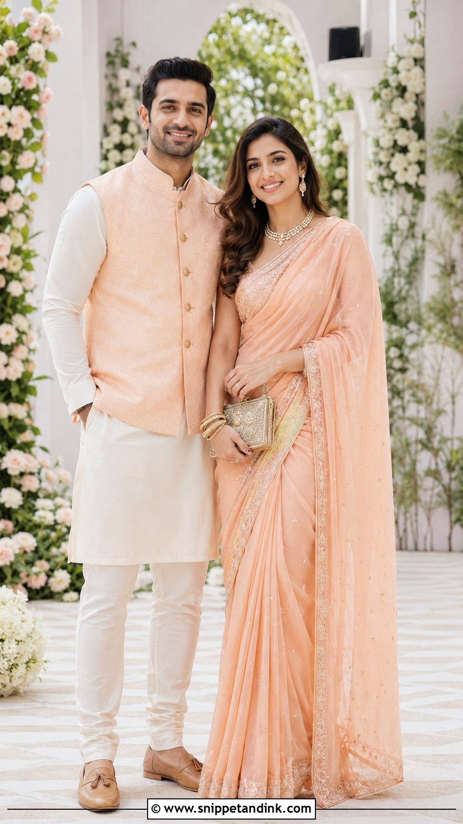 Matching Peach Indian Couple Outfit - Snippet and Ink - 25 Simple Indian Couple Matching Dress Ideas