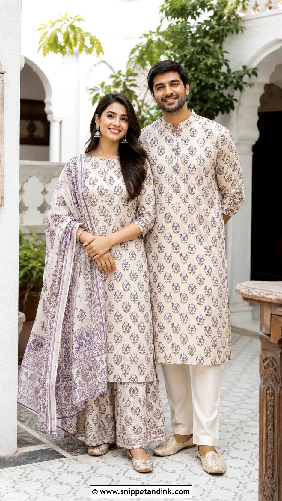Matching Printed Kurta Couple Outfit - Snippet and Ink - 25 Simple Indian Couple Matching Dress Ideas