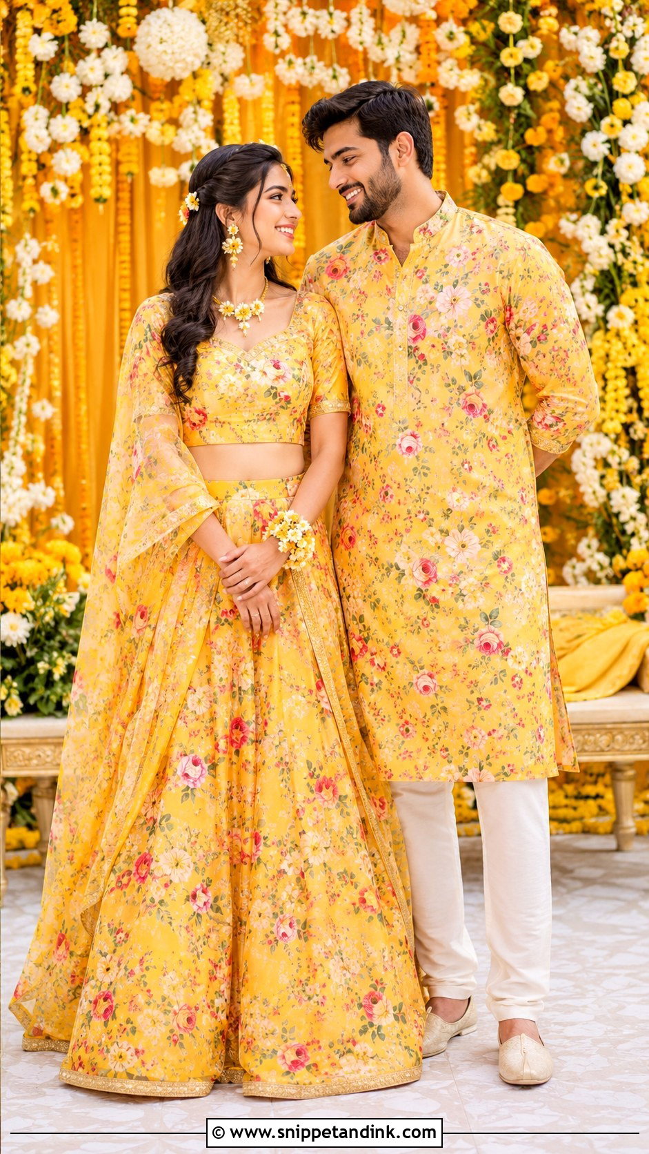 Matching Printed Lehenga And Kurta Haldi Couple Outfit - Snippet and Ink - 25 Haldi Couple Outfits