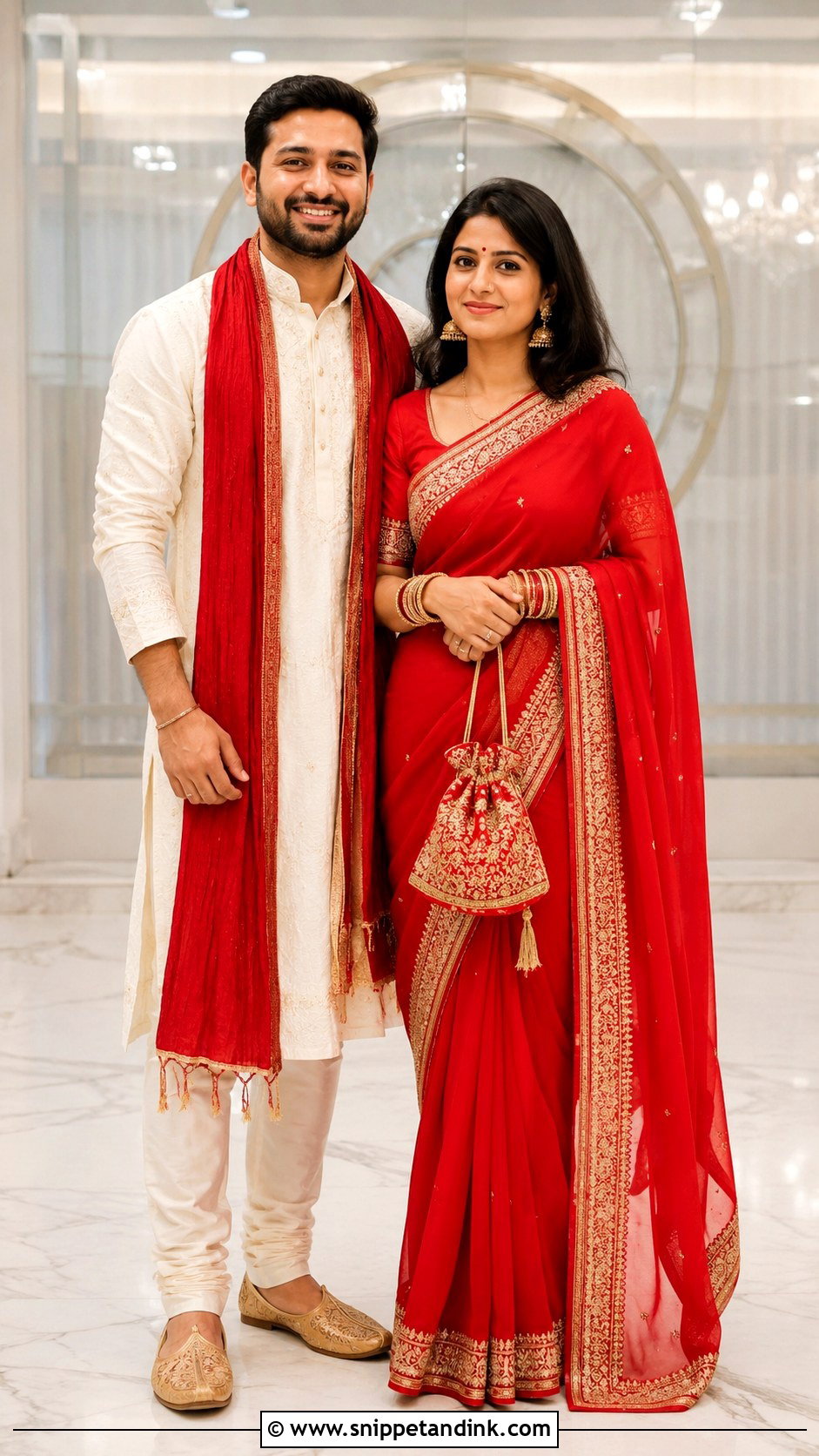 Matching Red Saree And Kurta Outfit - Snippet and Ink - 25 Simple Indian Couple Matching Dress Ideas