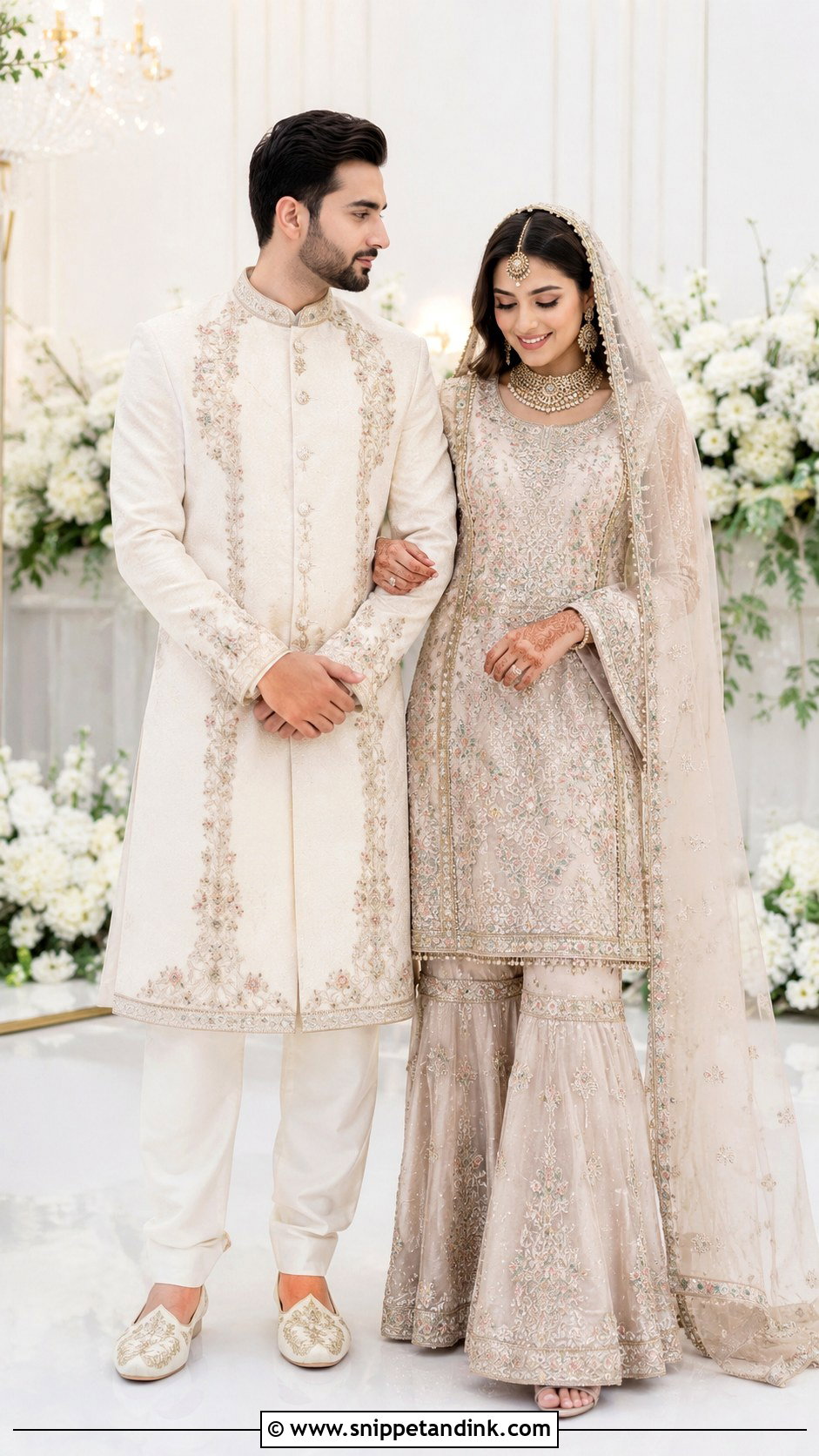 Matching Sharara And Sherwani Nikkah Outfit - Snippet and Ink - 25 Nikkah Couple Outfit Ideas