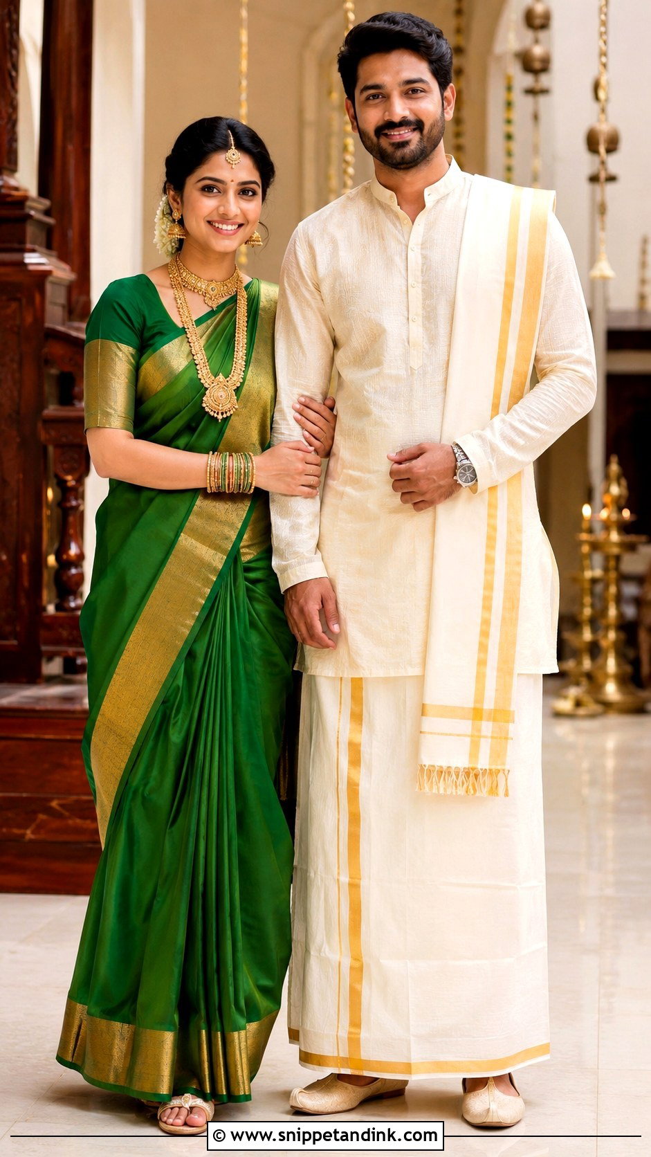 Matching Silk Saree And Dhoti Kurta Outfit - Snippet and Ink - 25 Simple Indian Couple Matching Dress Ideas