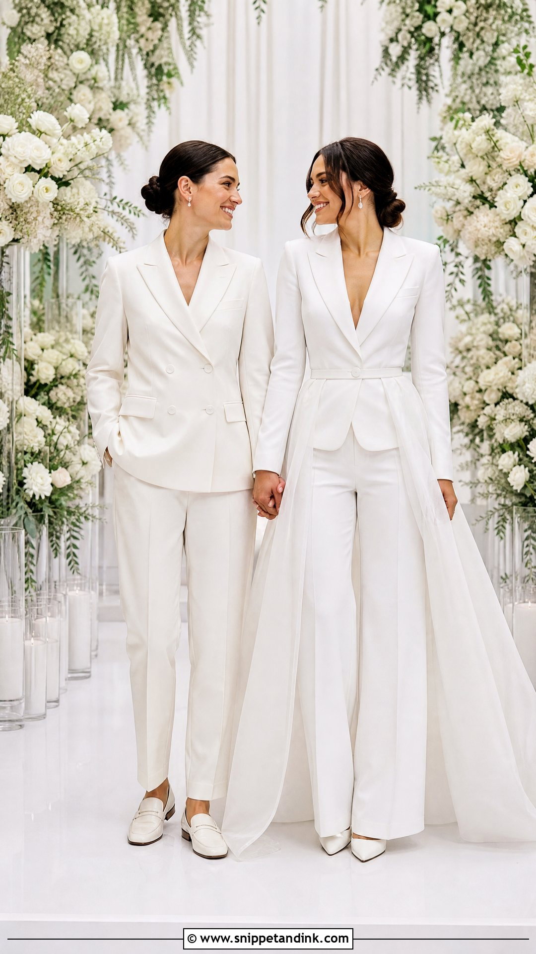 Matching White Suits And Detachable Overskirt - Snippet and Ink - 20 WLW Wedding Suit and Dress Ideas